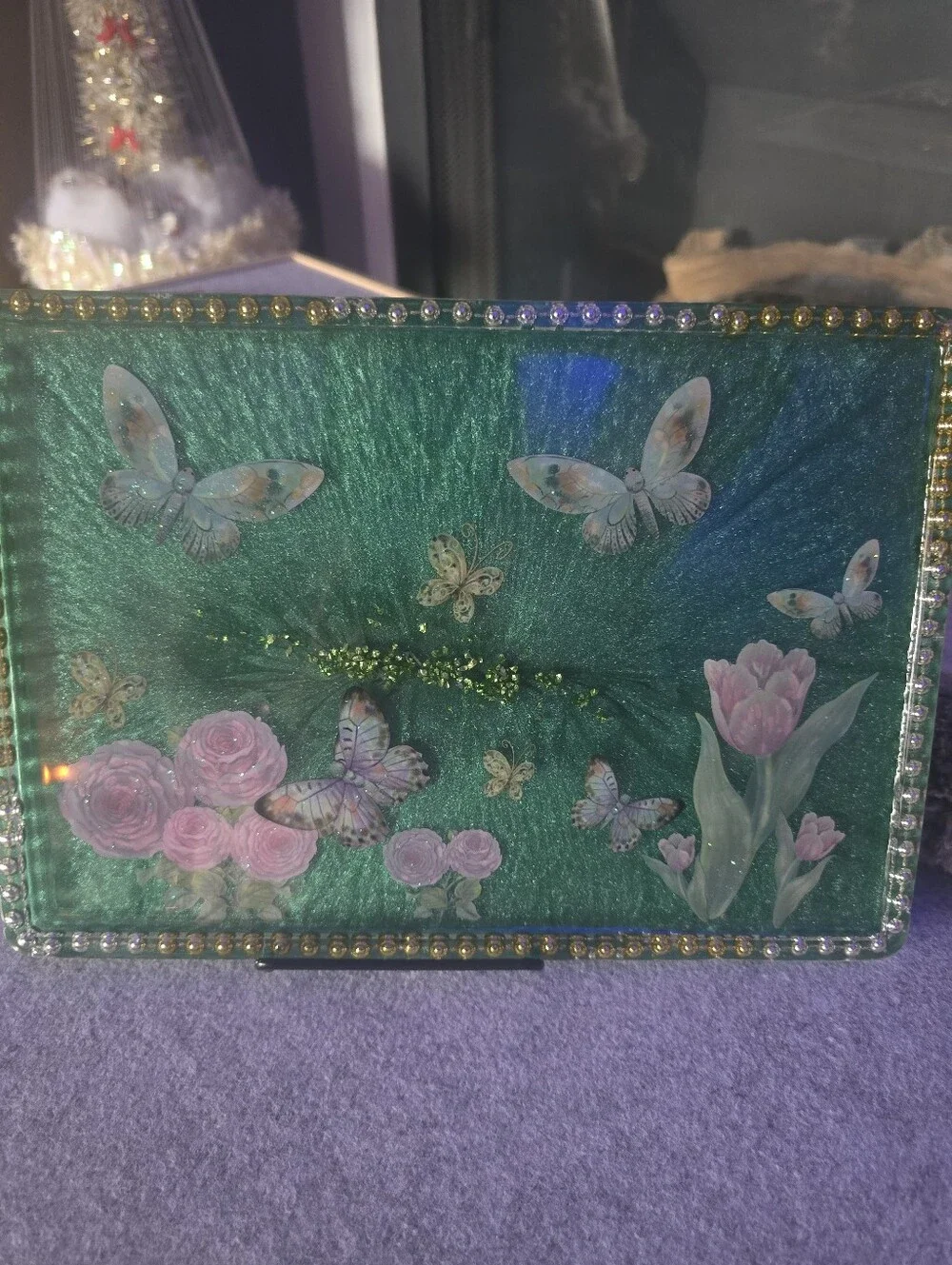 Green Butterfly & Floral Decorative Clutch Tray 11x8
